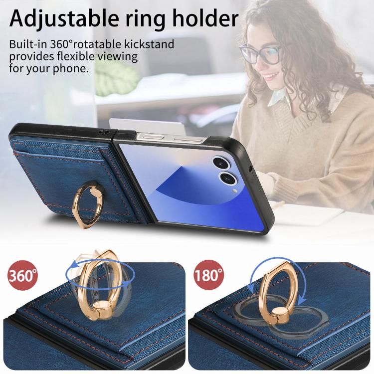 Funda para Samsung Galaxy Z Flip7 5G con diseño retro de piel sintética y tarjetero (azul)