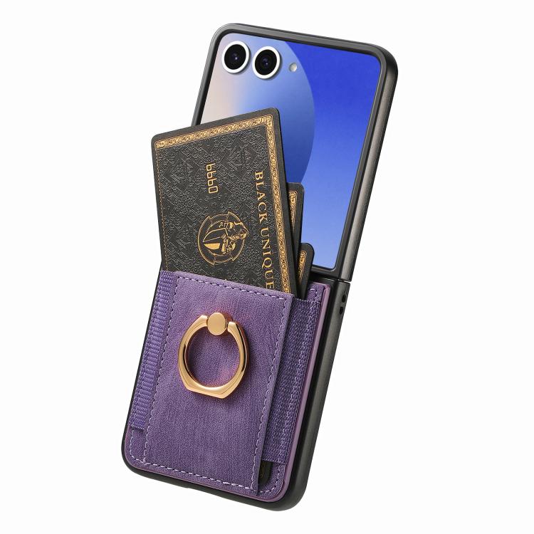 Funda para Samsung Galaxy Z Flip7 5G con diseño retro de piel sintética y tarjetero (morado)