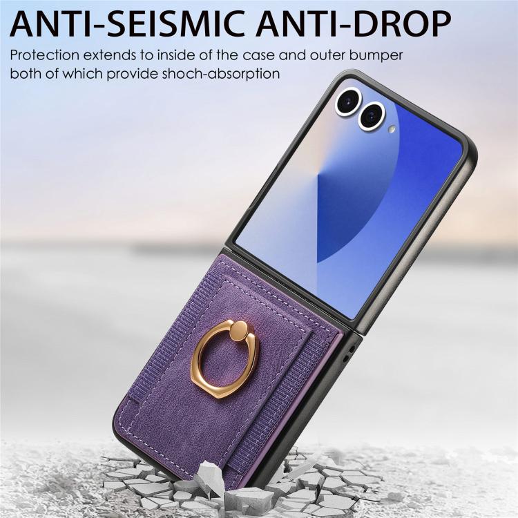 Funda para Samsung Galaxy Z Flip7 5G con diseño retro de piel sintética y tarjetero (morado)
