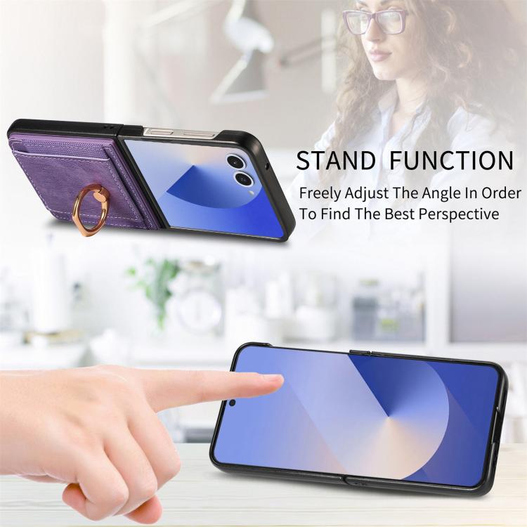 Funda para Samsung Galaxy Z Flip7 5G con diseño retro de piel sintética y tarjetero (morado)