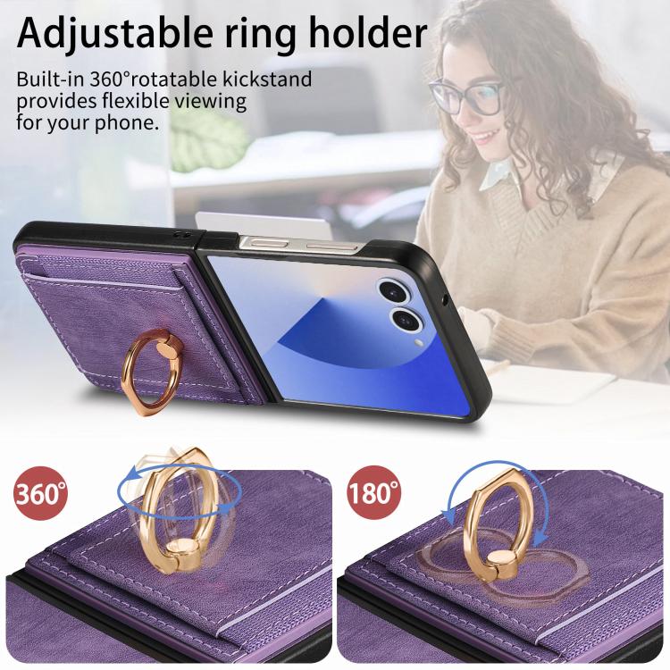 Funda para Samsung Galaxy Z Flip7 5G con diseño retro de piel sintética y tarjetero (morado)