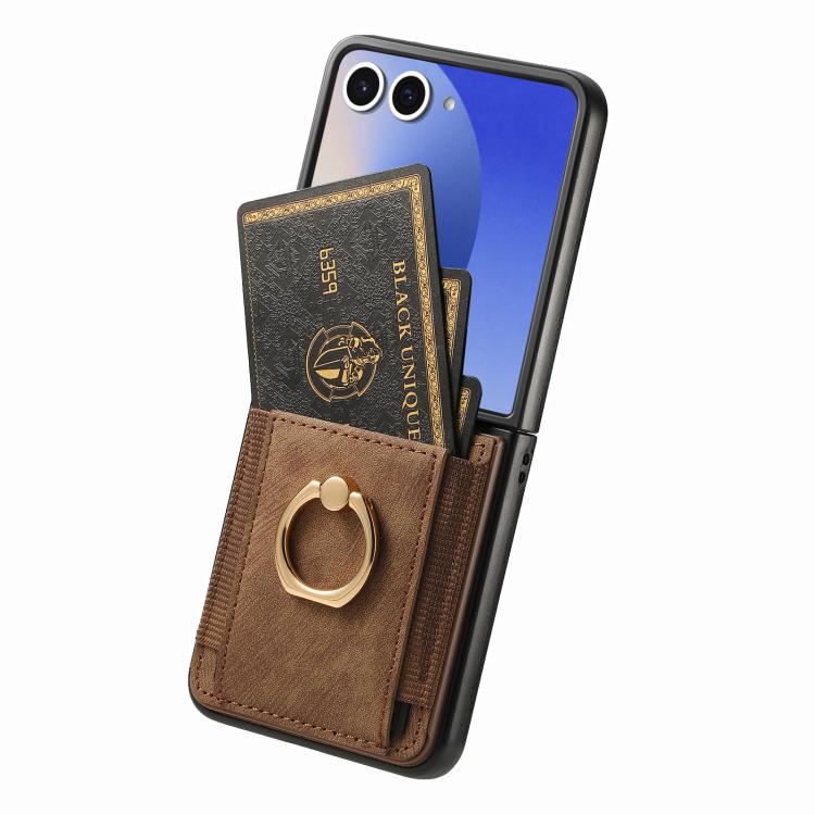 Funda para Samsung Galaxy Z Flip7 5G con diseño retro de piel sintética y tarjetero (marrón)