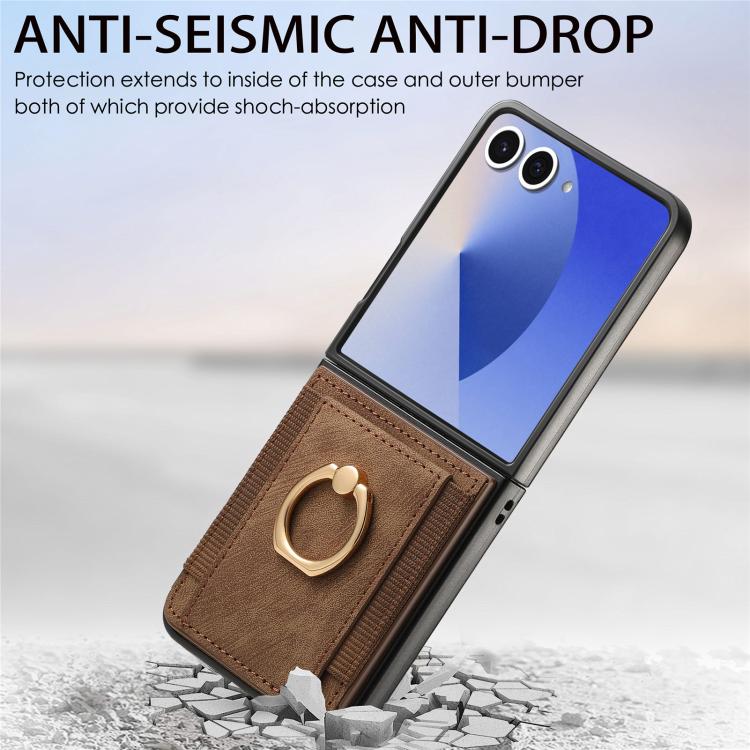 Funda para Samsung Galaxy Z Flip7 5G con diseño retro de piel sintética y tarjetero (marrón)