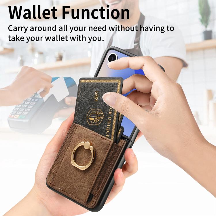 Funda para Samsung Galaxy Z Flip7 5G con diseño retro de piel sintética y tarjetero (marrón)