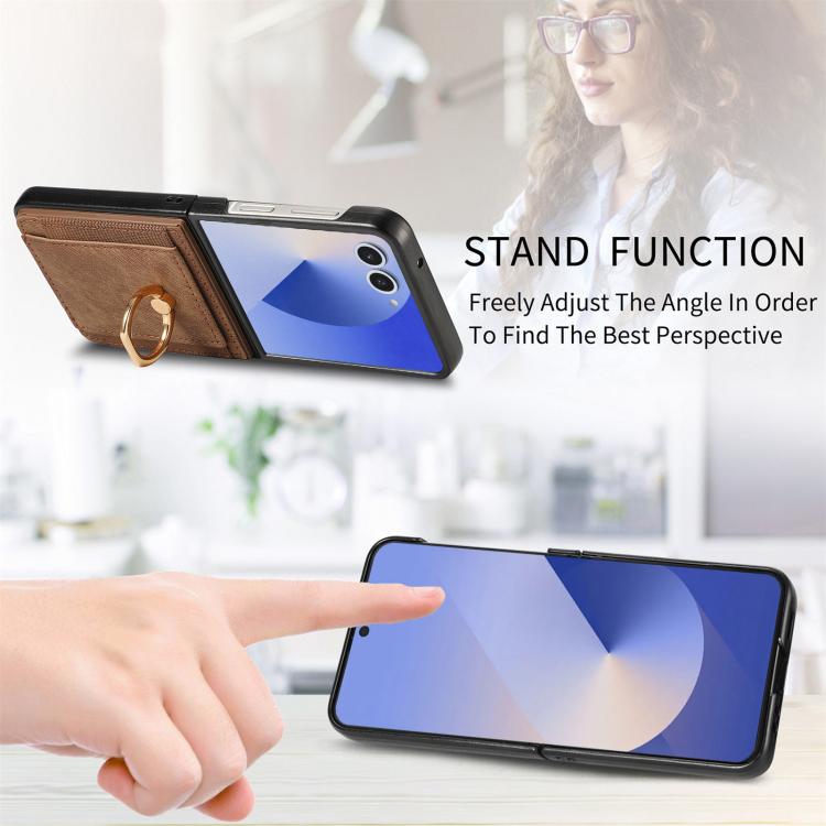 Funda para Samsung Galaxy Z Flip7 5G con diseño retro de piel sintética y tarjetero (marrón)