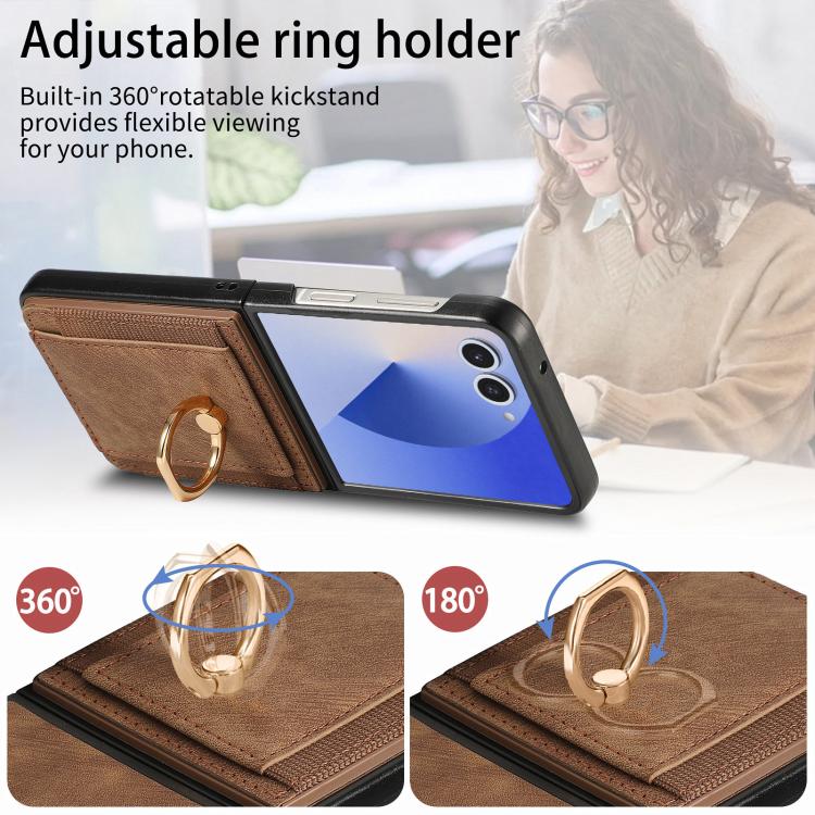 Funda para Samsung Galaxy Z Flip7 5G con diseño retro de piel sintética y tarjetero (marrón)