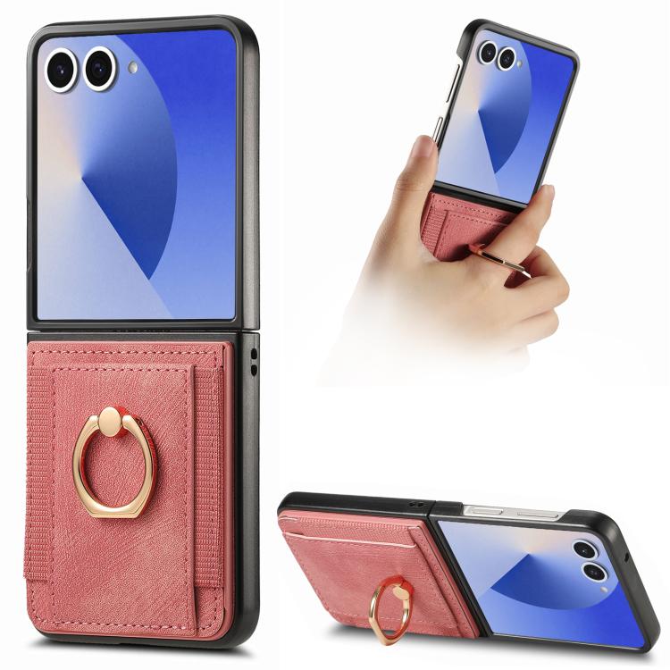 Funda para Samsung Galaxy Z Flip7 5G con diseño retro de piel sintética y tarjetero (rosa)