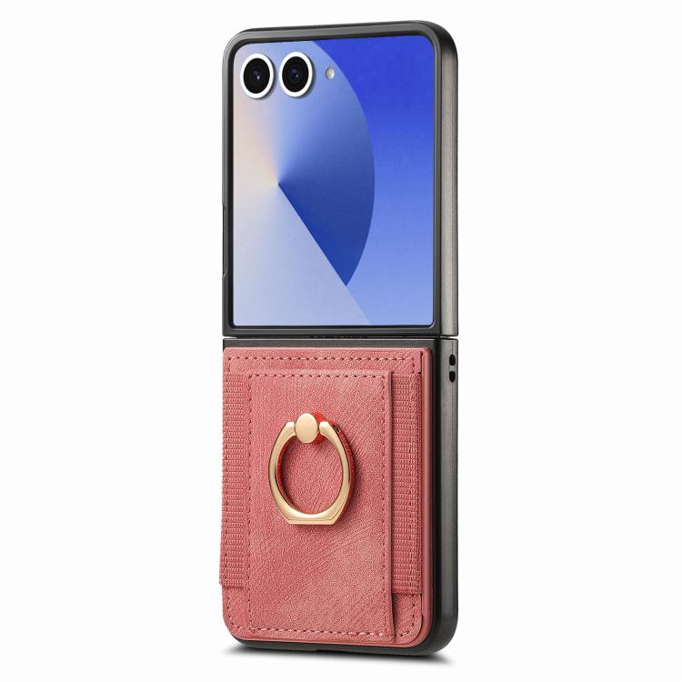 Funda para Samsung Galaxy Z Flip7 5G con diseño retro de piel sintética y tarjetero (rosa)