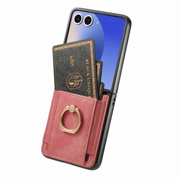 Funda para Samsung Galaxy Z Flip7 5G con diseño retro de piel sintética y tarjetero (rosa)