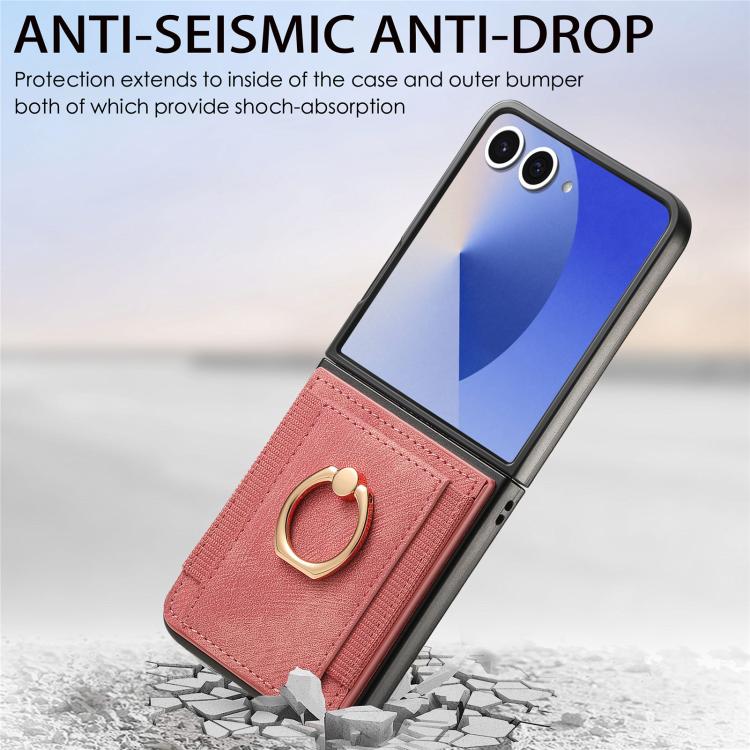 Funda para Samsung Galaxy Z Flip7 5G con diseño retro de piel sintética y tarjetero (rosa)