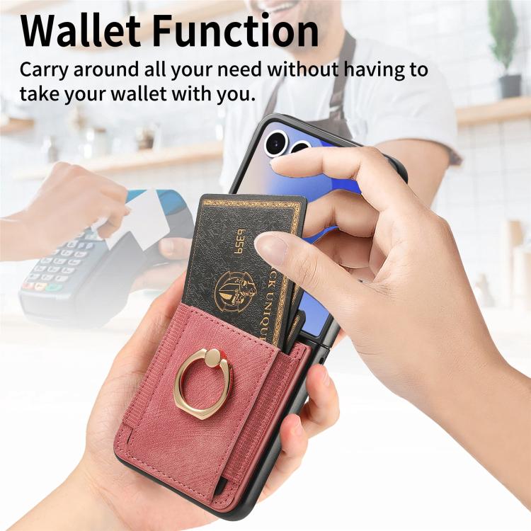 Funda para Samsung Galaxy Z Flip7 5G con diseño retro de piel sintética y tarjetero (rosa)