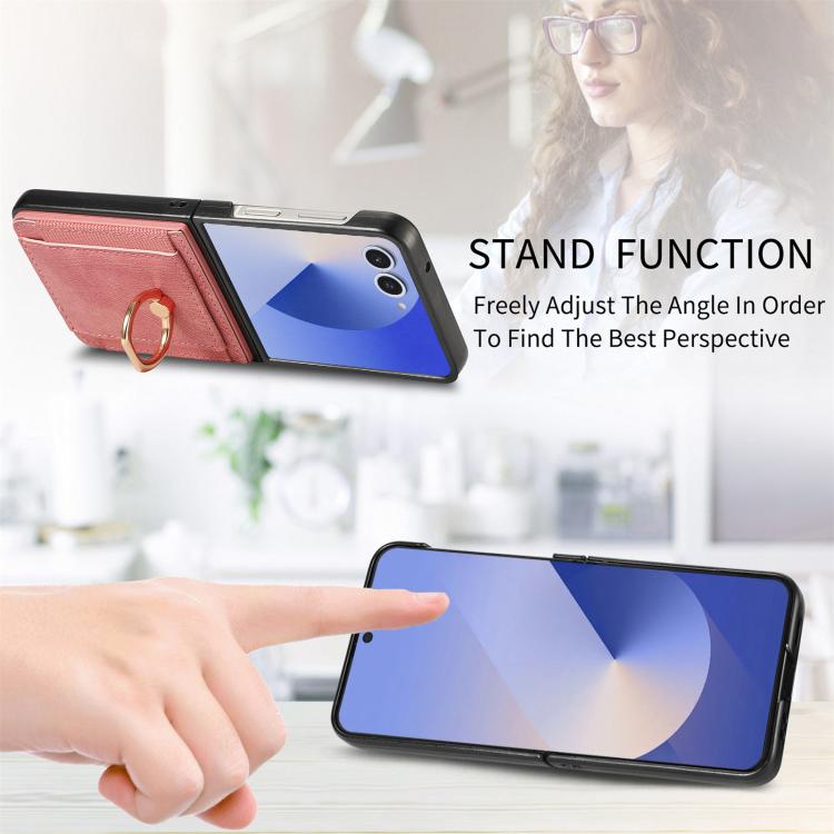 Funda para Samsung Galaxy Z Flip7 5G con diseño retro de piel sintética y tarjetero (rosa)