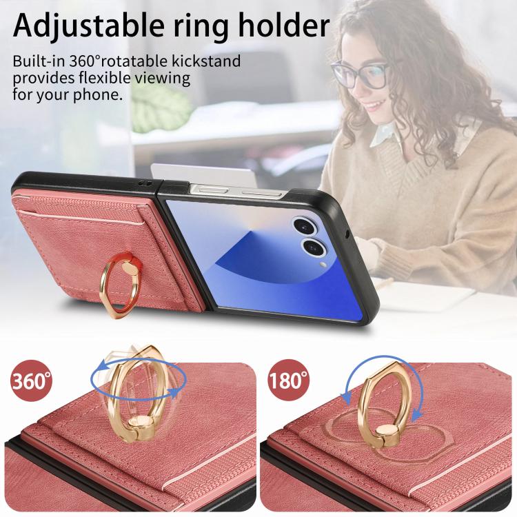 Funda para Samsung Galaxy Z Flip7 5G con diseño retro de piel sintética y tarjetero (rosa)