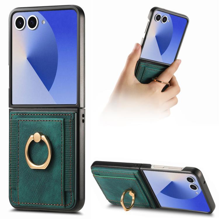 Funda para Samsung Galaxy Z Flip7 5G con diseño retro de piel sintética y tarjetero (verde)