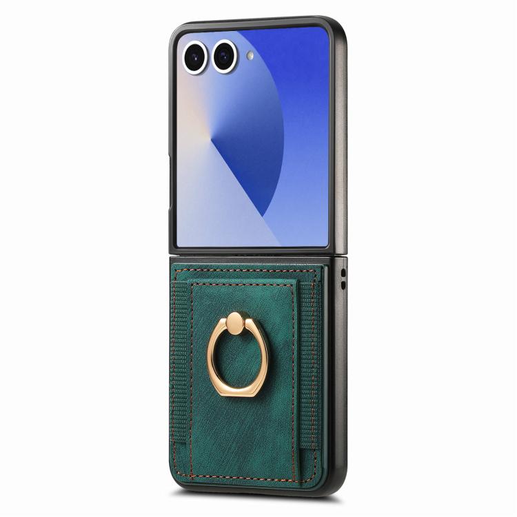 Funda para Samsung Galaxy Z Flip7 5G con diseño retro de piel sintética y tarjetero (verde)