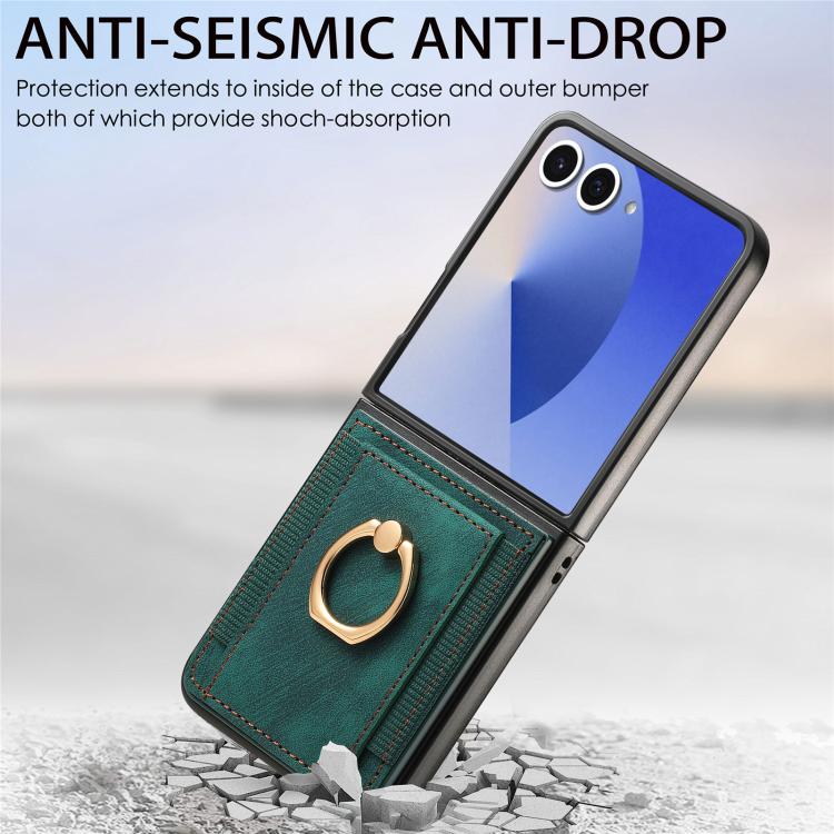 Funda para Samsung Galaxy Z Flip7 5G con diseño retro de piel sintética y tarjetero (verde)