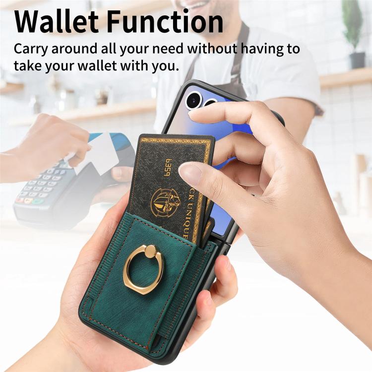 Funda para Samsung Galaxy Z Flip7 5G con diseño retro de piel sintética y tarjetero (verde)