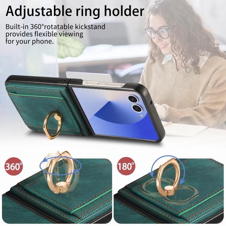 Funda para Samsung Galaxy Z Flip7 5G con diseño retro de piel sintética y tarjetero (verde)