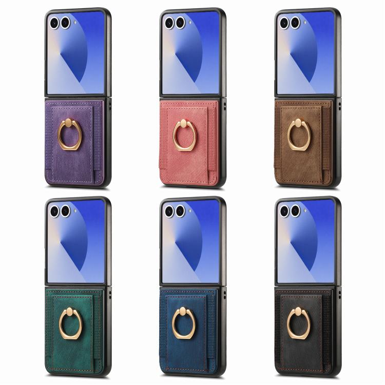 Funda para Samsung Galaxy Z Flip7 5G con diseño retro de piel sintética y tarjetero (marrón)