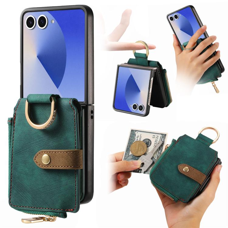 Funda tipo cartera con cremallera vertical y anillo retro para Samsung Galaxy Z Flip 7 5G (verde)
