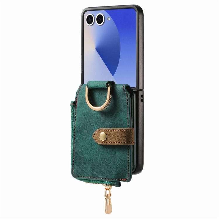 Funda tipo cartera con cremallera vertical y anillo retro para Samsung Galaxy Z Flip 7 5G (verde)