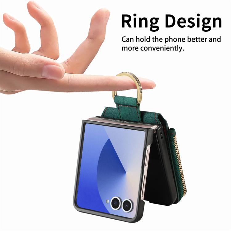 Funda tipo cartera con cremallera vertical y anillo retro para Samsung Galaxy Z Flip 7 5G (verde)
