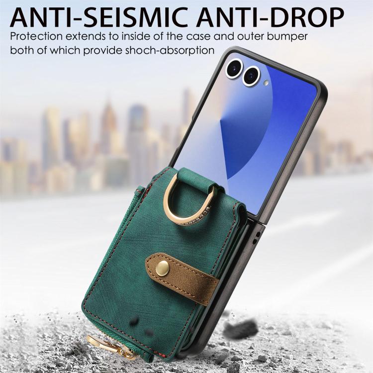 Funda tipo cartera con cremallera vertical y anillo retro para Samsung Galaxy Z Flip 7 5G (verde)