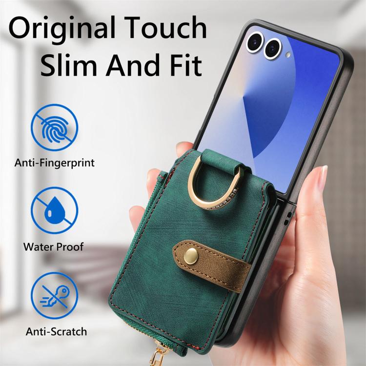 Funda tipo cartera con cremallera vertical y anillo retro para Samsung Galaxy Z Flip 7 5G (verde)