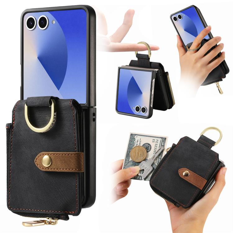 Funda tipo cartera con cremallera vertical y anillo retro para Samsung Galaxy Z Flip 7 5G (negra)