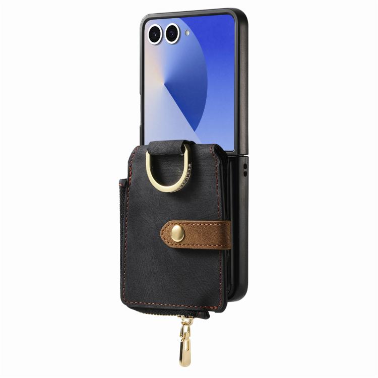 Funda tipo cartera con cremallera vertical y anillo retro para Samsung Galaxy Z Flip 7 5G (negra)