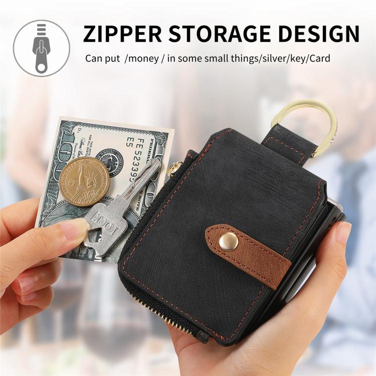 Funda tipo cartera con cremallera vertical y anillo retro para Samsung Galaxy Z Flip 7 5G (negra)