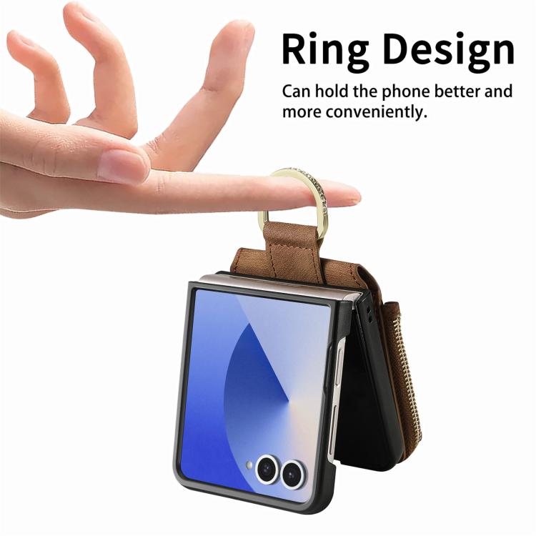 Funda tipo cartera con cremallera vertical y anillo retro para Samsung Galaxy Z Flip 7 5G (marrón)