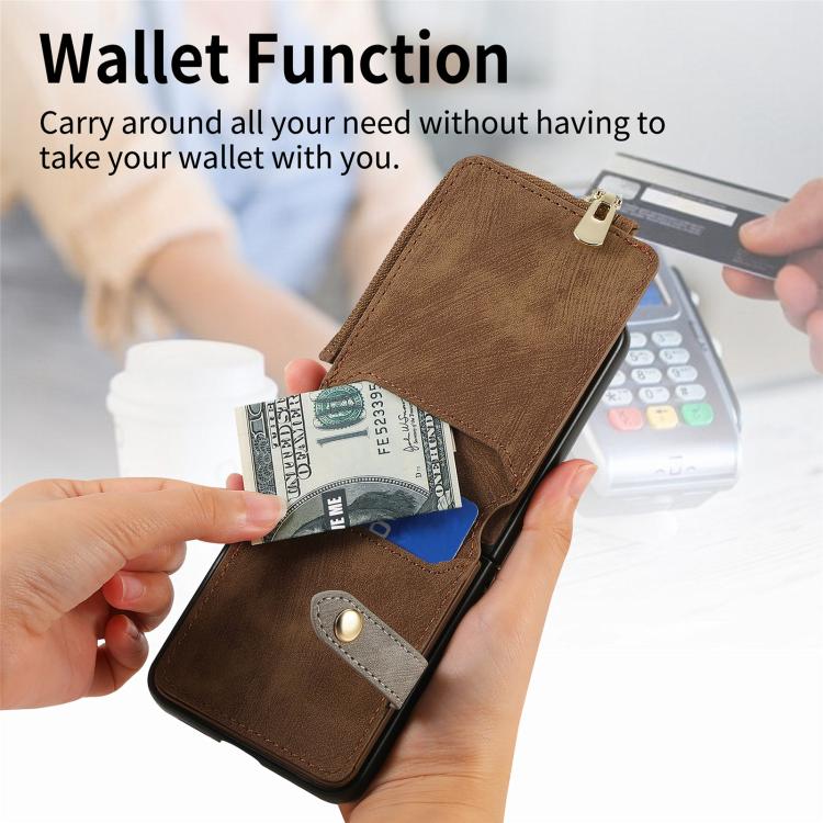 Funda tipo cartera con cremallera vertical y anillo retro para Samsung Galaxy Z Flip 7 5G (marrón)