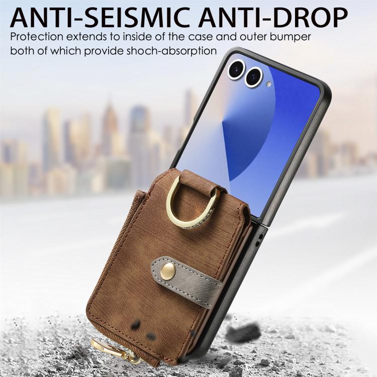 Funda tipo cartera con cremallera vertical y anillo retro para Samsung Galaxy Z Flip 7 5G (marrón)