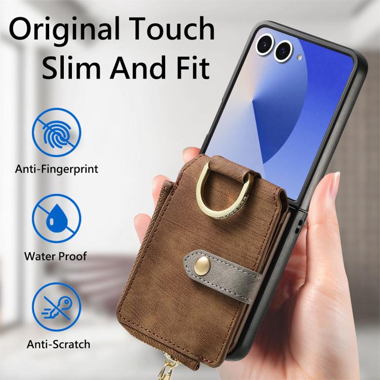Funda tipo cartera con cremallera vertical y anillo retro para Samsung Galaxy Z Flip 7 5G (marrón)