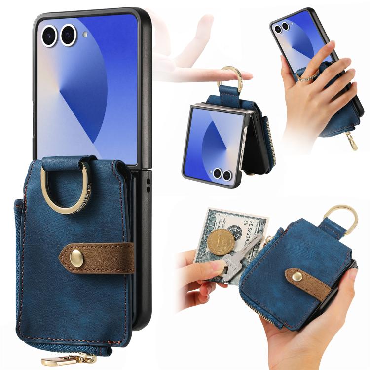 Funda tipo cartera con cremallera vertical y anillo retro para Samsung Galaxy Z Flip 7 5G (azul)