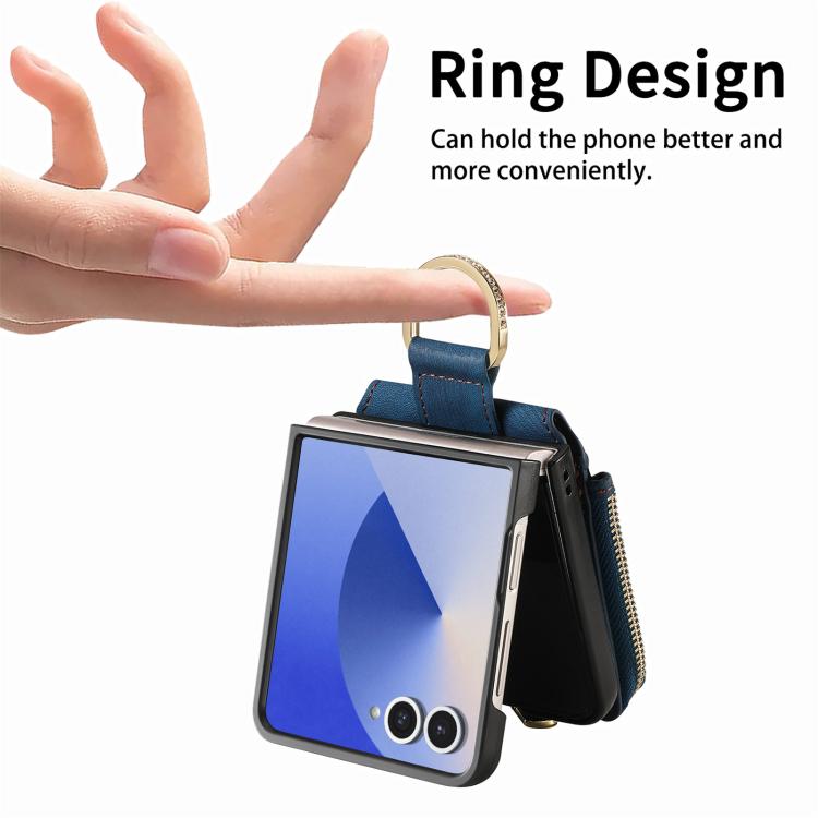 Funda tipo cartera con cremallera vertical y anillo retro para Samsung Galaxy Z Flip 7 5G (azul)