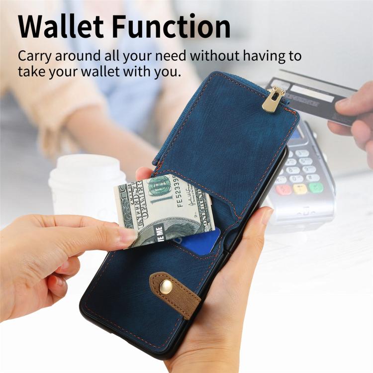 Funda tipo cartera con cremallera vertical y anillo retro para Samsung Galaxy Z Flip 7 5G (azul)