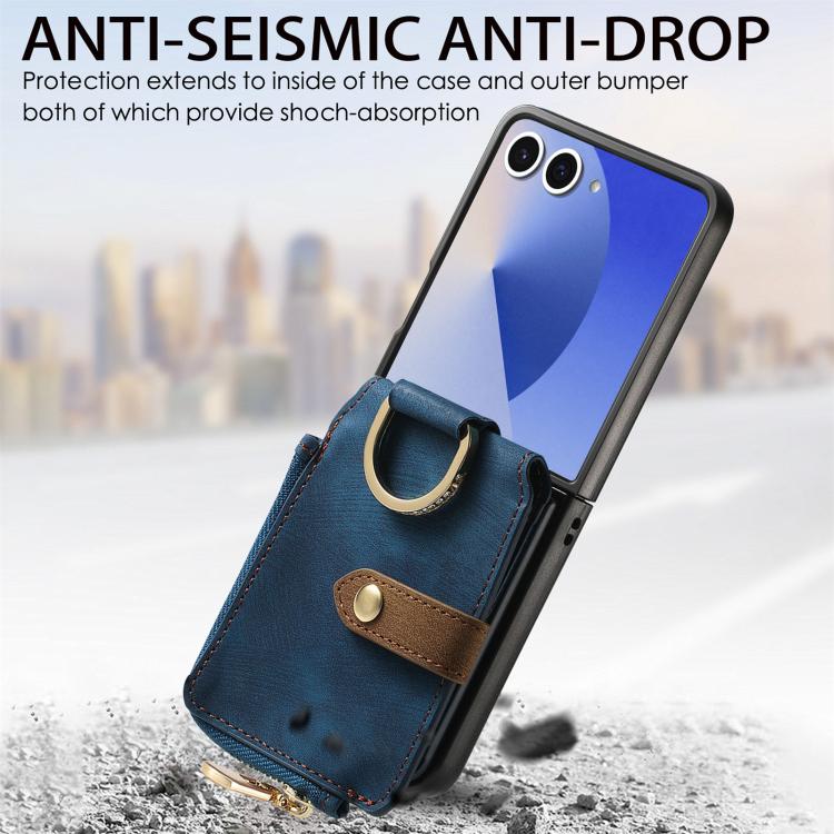 Funda tipo cartera con cremallera vertical y anillo retro para Samsung Galaxy Z Flip 7 5G (azul)