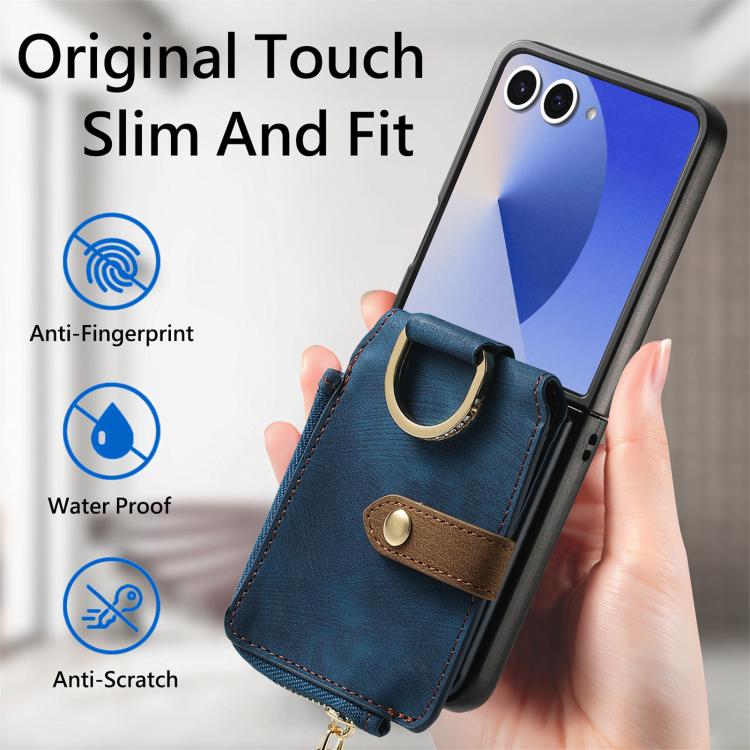 Funda tipo cartera con cremallera vertical y anillo retro para Samsung Galaxy Z Flip 7 5G (azul)