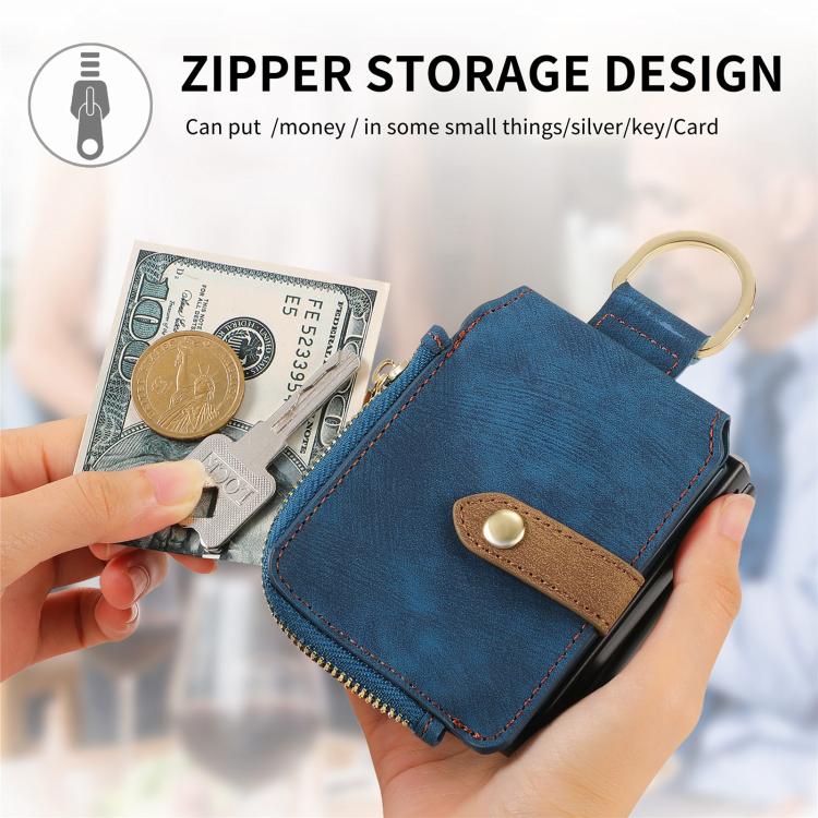 Funda tipo cartera con cremallera vertical y anillo retro para Samsung Galaxy Z Flip 7 5G (azul)