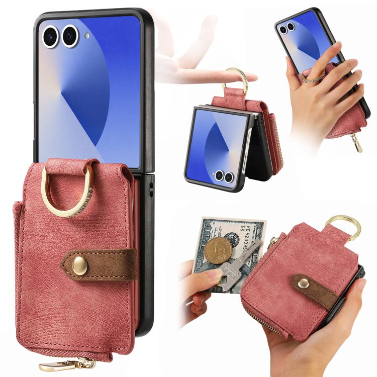 Funda tipo cartera con cremallera vertical y anillo retro para Samsung Galaxy Z Flip 7 5G (rosa)