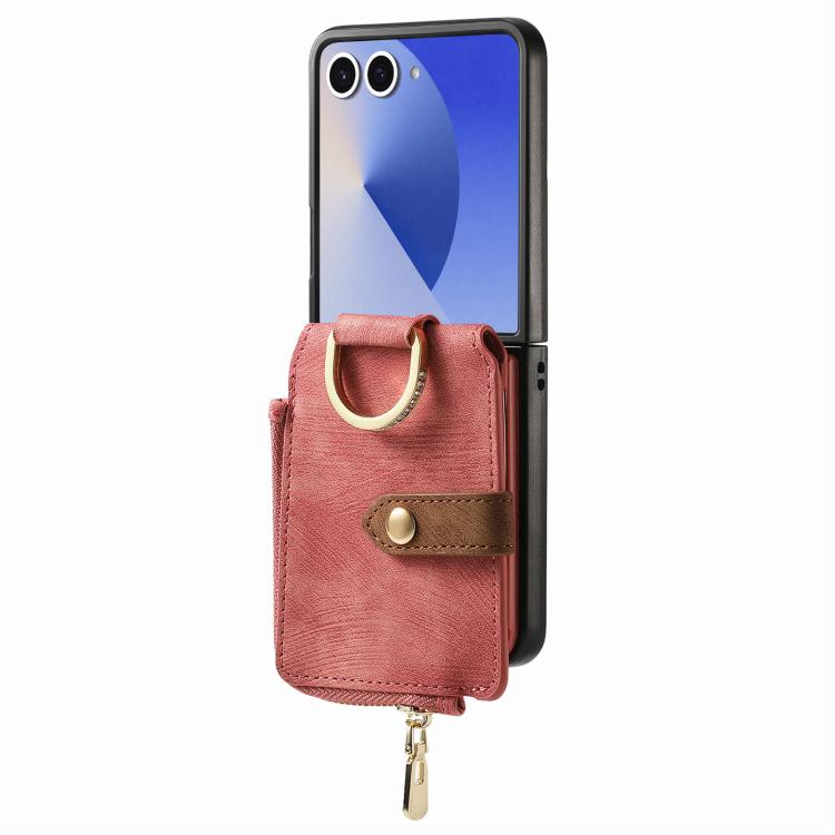 Funda tipo cartera con cremallera vertical y anillo retro para Samsung Galaxy Z Flip 7 5G (rosa)