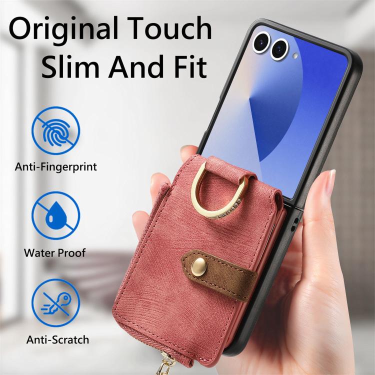 Funda tipo cartera con cremallera vertical y anillo retro para Samsung Galaxy Z Flip 7 5G (rosa)