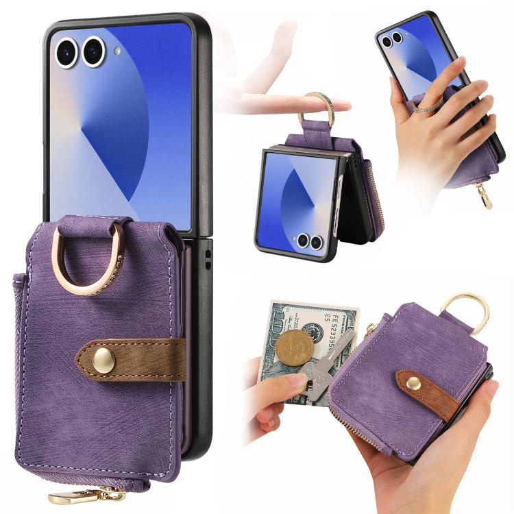 Funda tipo cartera con cremallera vertical y anillo retro para Samsung Galaxy Z Flip 7 5G (morado)