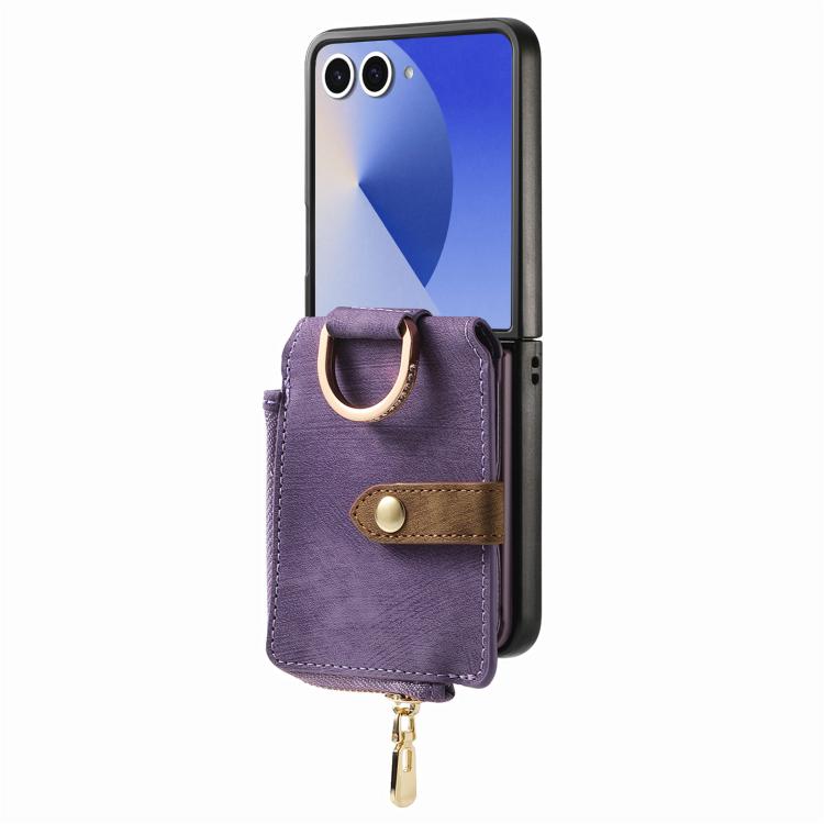 Funda tipo cartera con cremallera vertical y anillo retro para Samsung Galaxy Z Flip 7 5G (morado)