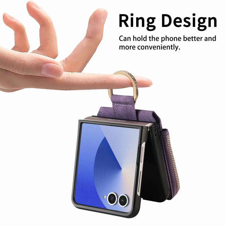Funda tipo cartera con cremallera vertical y anillo retro para Samsung Galaxy Z Flip 7 5G (morado)