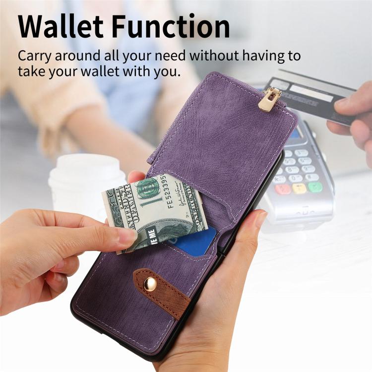 Funda tipo cartera con cremallera vertical y anillo retro para Samsung Galaxy Z Flip 7 5G (morado)