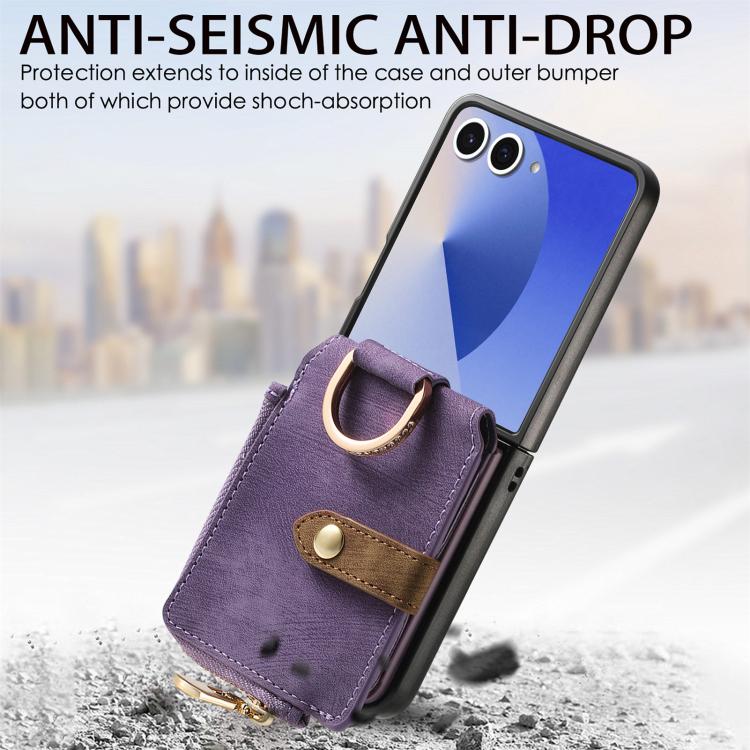 Funda tipo cartera con cremallera vertical y anillo retro para Samsung Galaxy Z Flip 7 5G (morado)