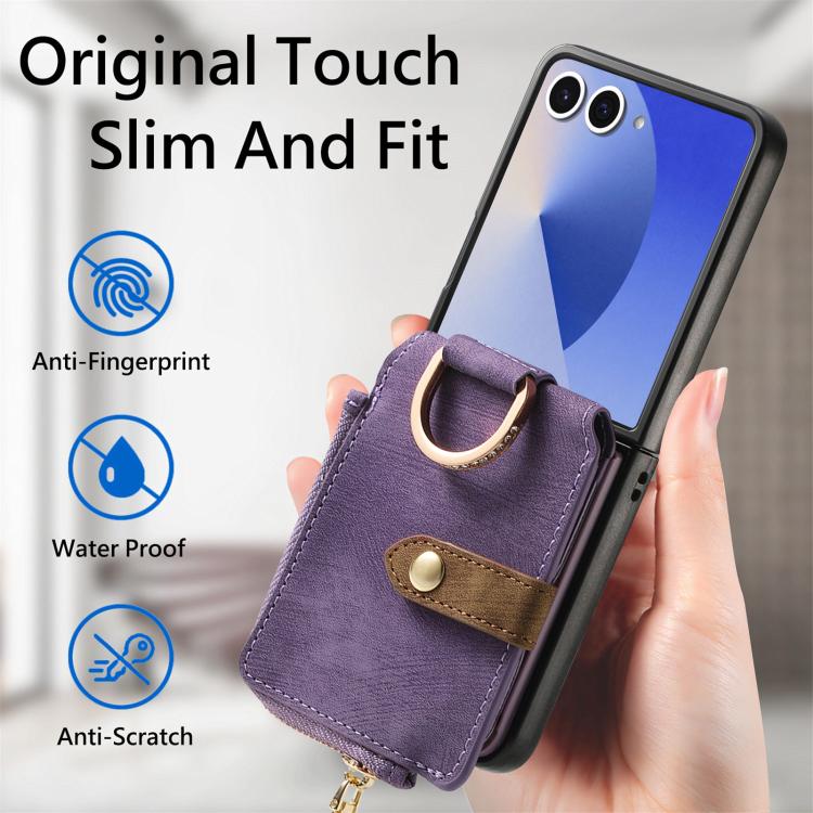 Funda tipo cartera con cremallera vertical y anillo retro para Samsung Galaxy Z Flip 7 5G (morado)